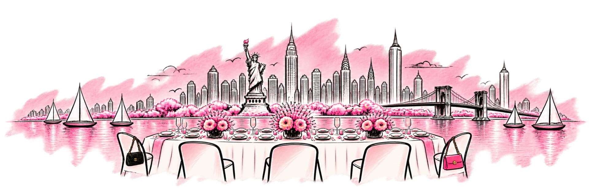 Illustrated dinner table in front of the New York skyline